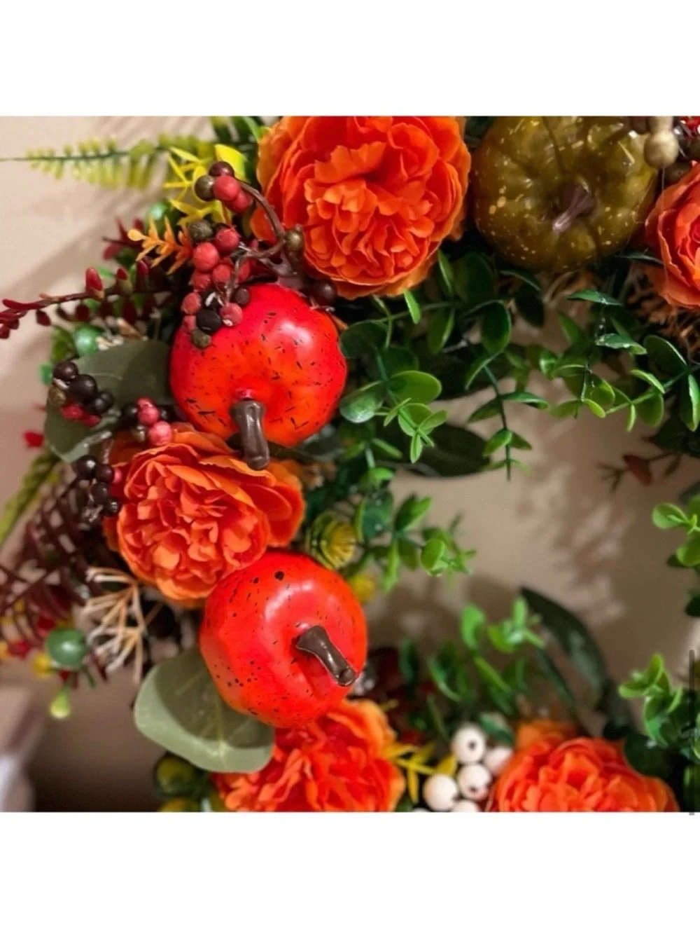 NWOT-Autumn Peony & Pumpkin Faux Floral Indoor/ Outdoor Wreath.